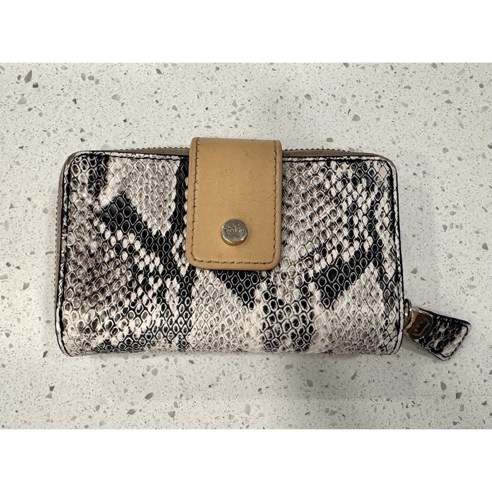 Snake Print Leather Zip-Around Women's Wallet with ID/ Organizer, Black Beige